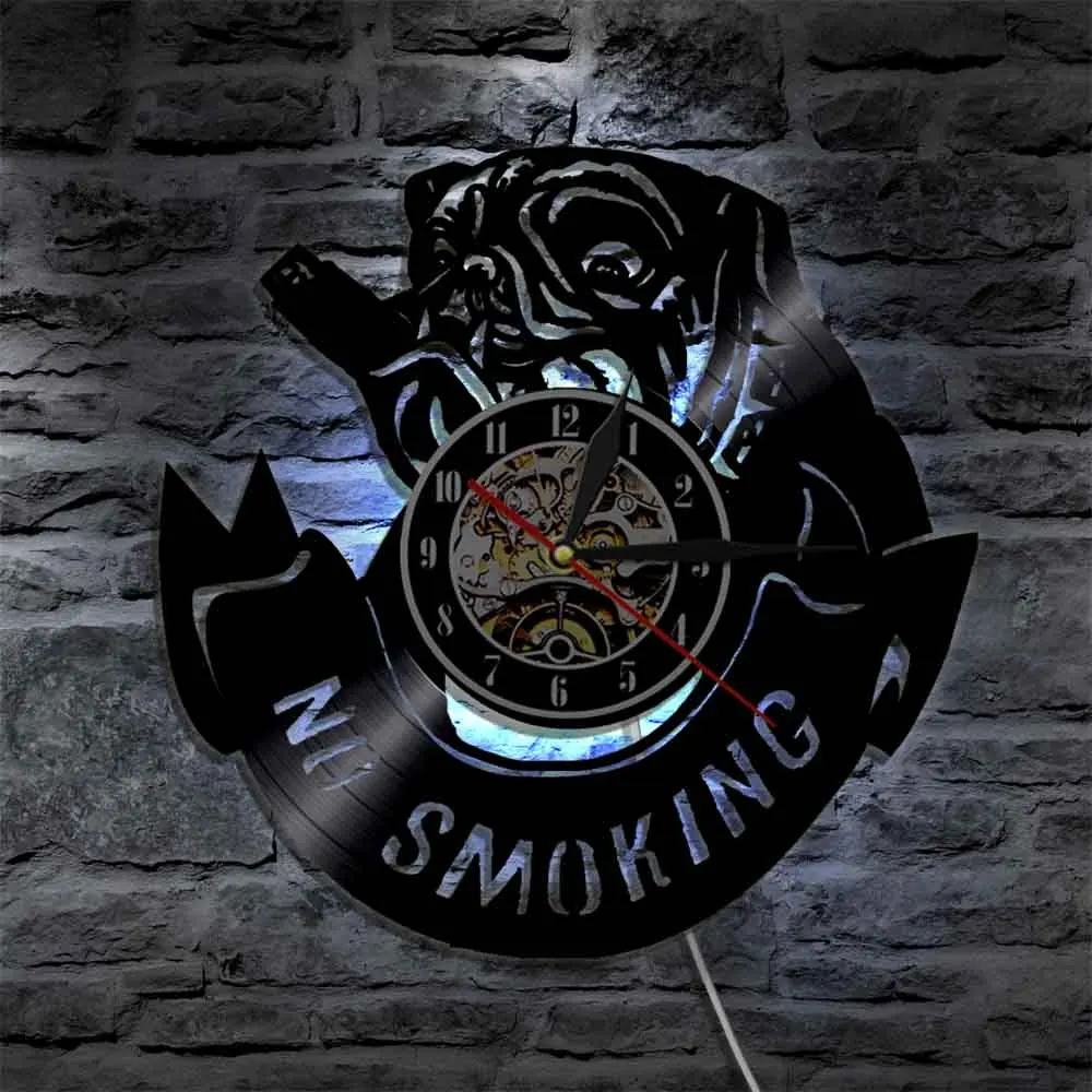 Fumatori Bulldog Clock Little Pug Dog Wall Clock No Smoking Ban Sign Vinyl Record Wall Art Bulldog Francese Orologio Da Parete Office Decor