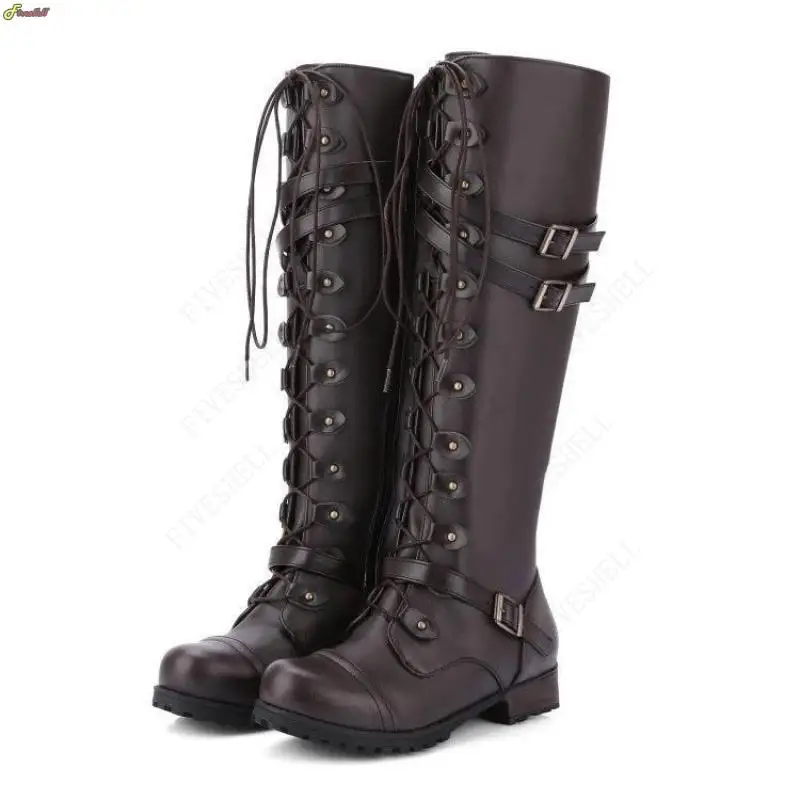 Middeleeuwse lange schacht laarzen, Renaissance Retro PU leer Lace Up schoenen, Viking piraat ridder schoenen Warrior Boot schoenen, voor Cosplay,zwart,40