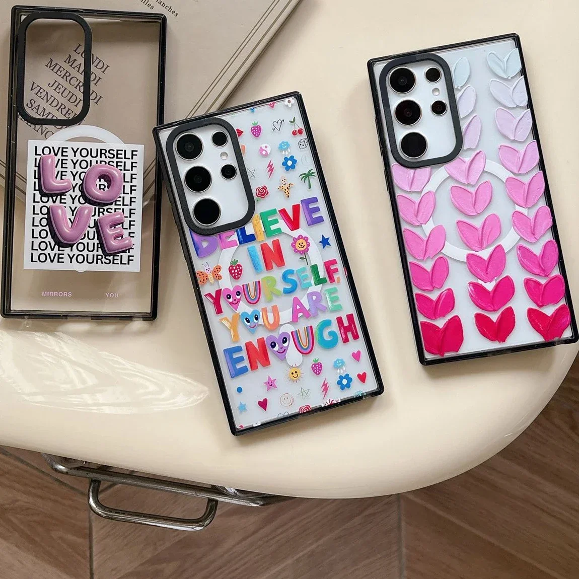 Colorful Letters MagSafe Acrylic Border Magnetic Phone Case for Samsung Galaxy S22U S23 Ultra S24 Ultra Cover Protective Shell