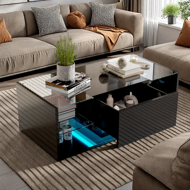 Table basse flottante LED Comanlai Nordic à finition brillante, console de contrôle multimédia avec éclairage LED, étagère en verre avec tiroirs de rangement, table basse, table d'appoint de canapé, meubles de salon, table élégante pour la maison 1