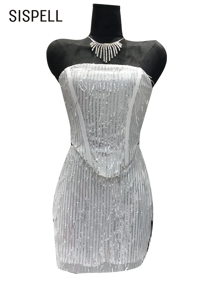 

SISPELL Sexy Sequins Two Piece Set For Women Strapless Sleeveless Vest High Waist Bodycon Mini Skirt Spliced Tassel Sets Female
