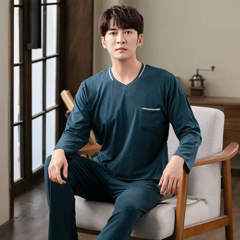 Spring Autumn Men's Long-Sleeved Long Trousers Pajamas Thin Cotton Leisure Homewear Suit