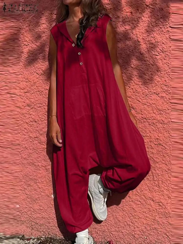 

ZANZEA Casual Streetwear Overalls Loose 2023 Summer Jumpsuits Sleeveless Women Playsuits Drop-crotch Pant Hooded Long Rompers