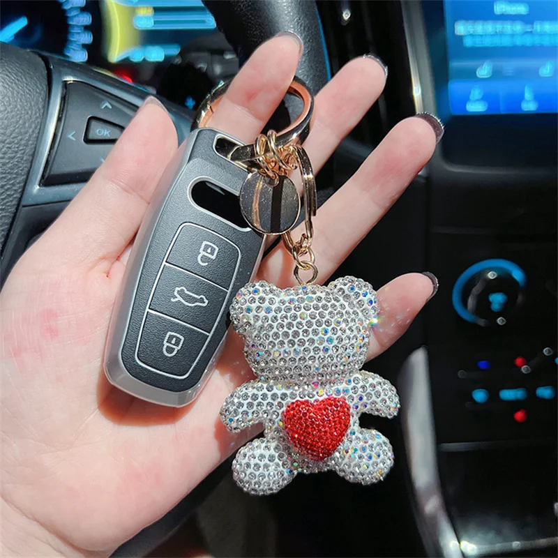 Ceramic Clay Full Diamond Love Little Bear Key chain Metal Big Ring Cute Toy Cartoon Key chain Girl Gift 4