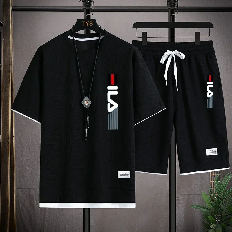 

2024 Summer New Breathable and Cool Fashion Outdoor Camping Sports Leisure Loose Waffle T-shirt+Shorts Set