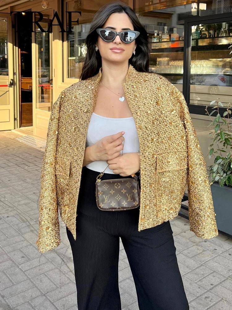 TRAFZA Women Fashion Shiny Sequin Jacket Y2k Gold Color