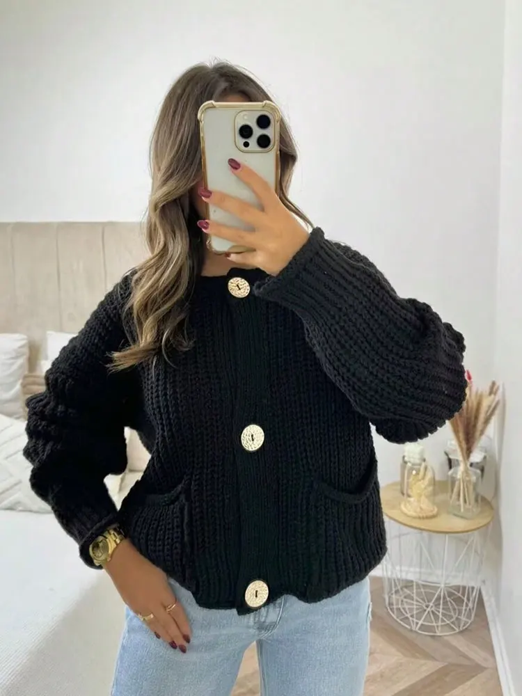 HH Autumn Women Knitted Cardigan Metal Buttons O Neck Long Sleeve Sweater With Pockets Casual Office Lady Outerwear Top
