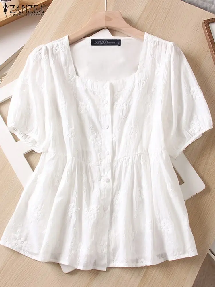 

ZANZEA Square Neck Short Sleeve Blouse Women 2023 Fashion Smock Tops Holiday Cotton Tunic Oversize Summer Embroidery White Shirt