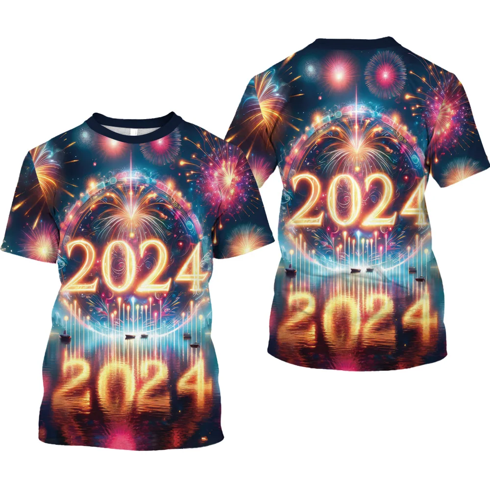 

Happy New Year Unisex Top Men's 2024 T shirt Colorful Firework 3D Full Body Digital Printed Round Neck Short Sleeve Boy's Tee