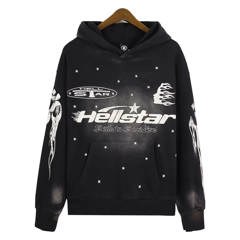 

Autumn Winter High Street Hellstar Pullover Hoodies Men Women 1:1 Washed Black Retro Letter Print Logo Loose Hooded Sweatshirts