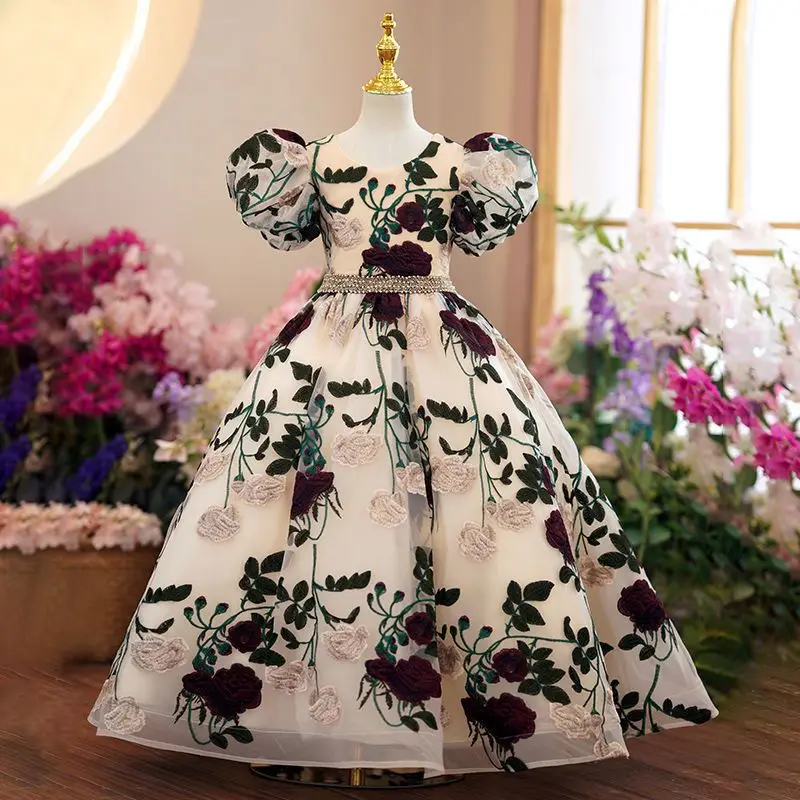 

Teenager Casual Elegant Bridesmaid Wedding Baby Girls Princess Flower Print Dresses Lace Kids Clothes Piano Show Dance Dress A45