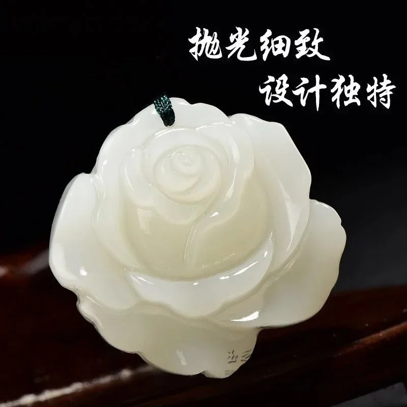 Natural Green Hand-carved Rose Flower Jade Pendant Fashion Boutique Jewelry Men and Women Necklace Gift Accessories