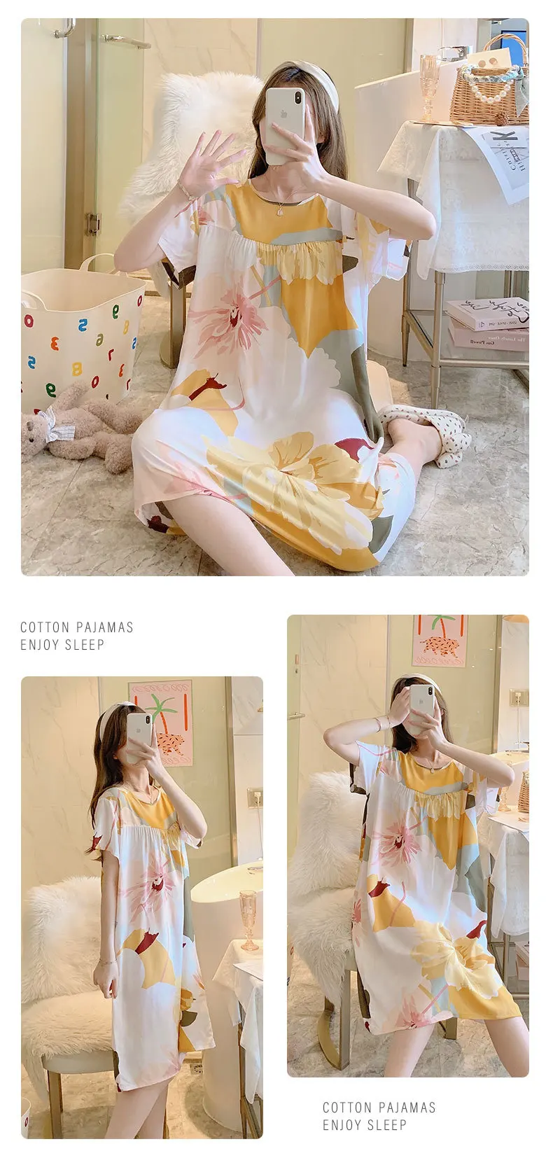 Summer Cotton Silk Nightgown Women's Home Wear Short-Sleeved Cartoon Print Pajamas Burst Large Size Spring and Autumn Home Wear