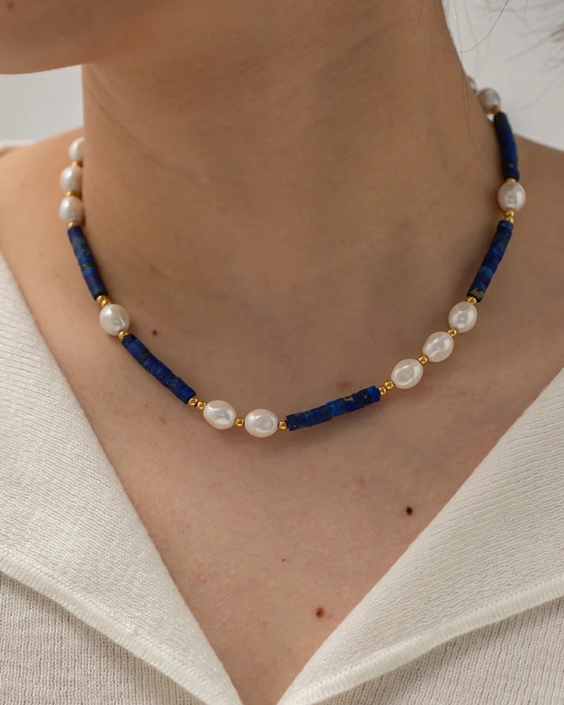 

Minar Bohemia Navy Blue Natural Stone Lapis Beaded Necklaces Gold Plated Stainless Steel Glass Pearl Choker Necklace Women