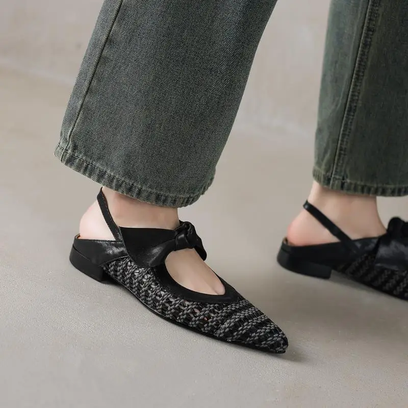 Women's Size 34-40 New Genuine Leather Sandals Slingbacks Bowtie Low Heels Weaving Pointed Toe Summer Shoes