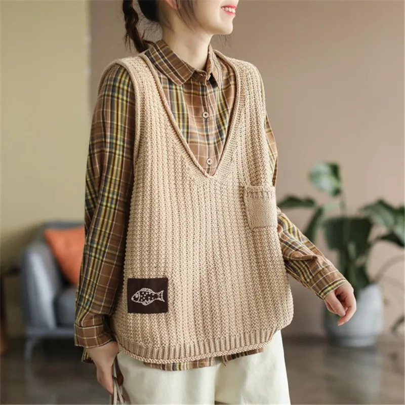 

Limiguyue Spring Autumn Women Knitted Vest Loose V-Neck Sleeveless Sweater Vintage Pullover Solid Twist Knitted Top Pocket U919