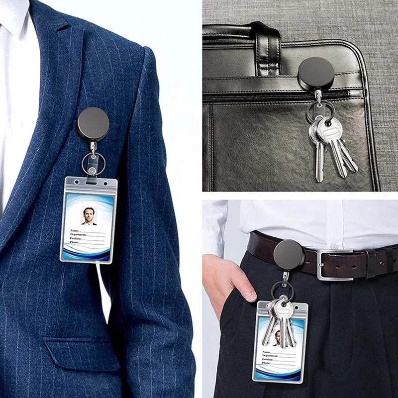 1pc Retractable Keyring Strong Heavy Duty Key Chain Steel Belt Clips Extending Steel Lanyard Reel Cool Fashion Black Key Ring 6