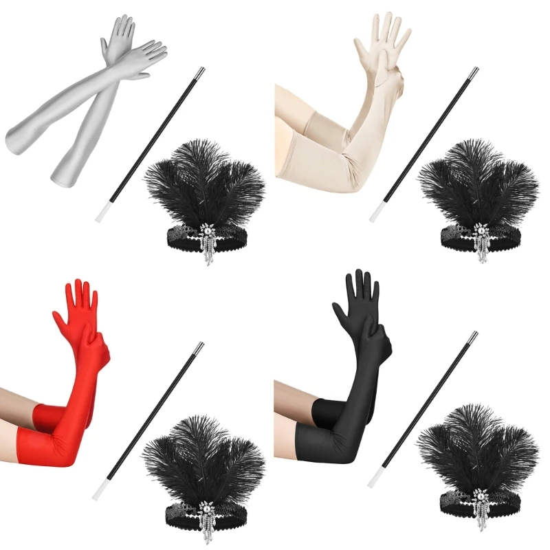

Women Flapper Costume Accessories Headpiece Satins Gloves for 1920s Theme Party