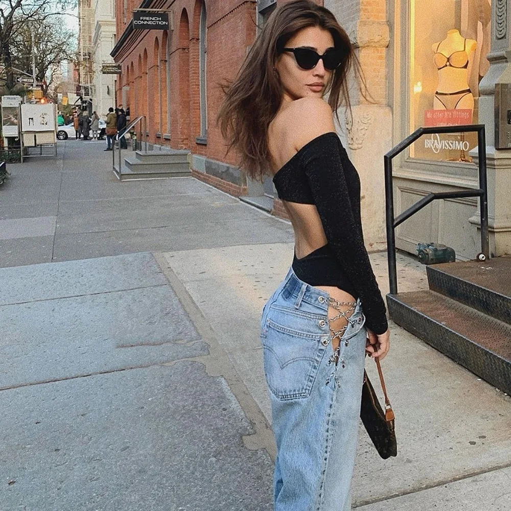 

Zoctoo Y2K Style Wear 2023 New INS Mesh Red Iron Chain Hollow Sexy Straight Jeans Street Leisure Fresh Fashionable Clothing