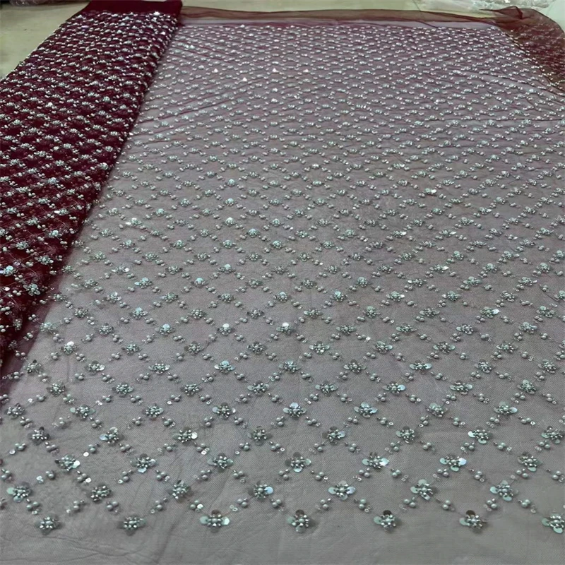 

Latest African Lace Fabric Sequins Beaded 2023 High Quality Embroidery For Women Wedding Party Dress Mesh Fabric 5 Yards