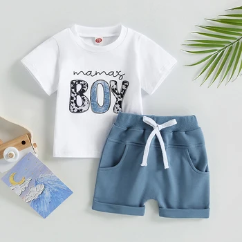 VISgogo Toddler Baby Boys Clothes Set Short Sleeve Letter Print T-shirt Elastic Waist Drawstring Shorts Summer Casual Outfit 1