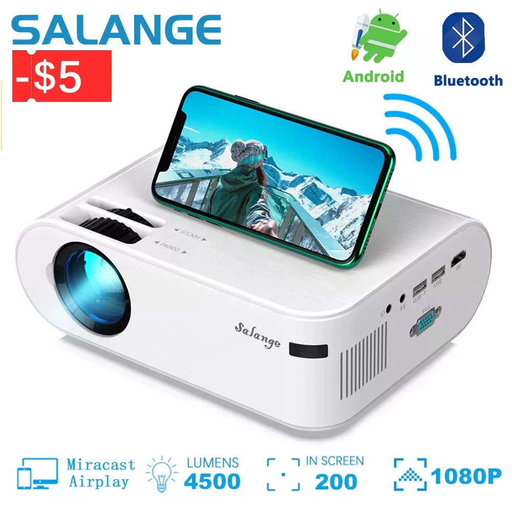 

Salange P62 Mini Projector Android 4500 Lumens, 1920*1080P Supported Miracast Home Theater LED USB Video Beamer For Mobile Phone