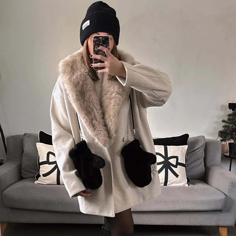Women Woolen Jacket 2025 Autumn Winter Fur Collar Long Sleeve Women's Coat Belt Loose Female Casual Outerwear Retro Lady Tops