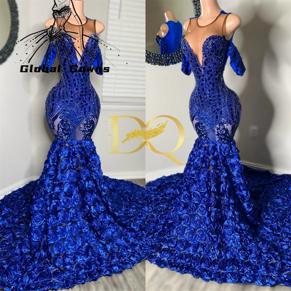 Purple O Neck Long Prom Dress For Black Girls Beaded Crystal Birthday Party Gowns Sequined Evening Dresses Mermaid Customized main image 1