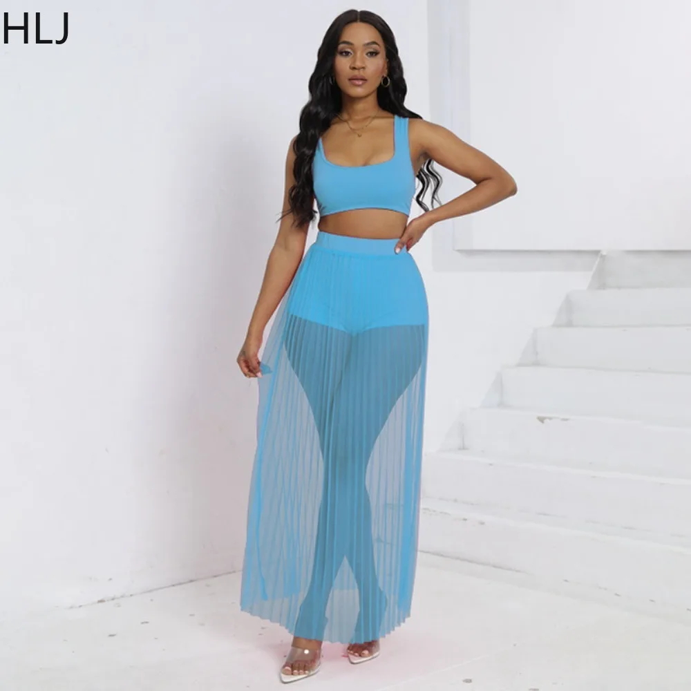HLJ Fashion Solid Mesh Pleated Skirts Two Piece Sets Women Strap Sleevless Vest And A-line Skirts Outfits Summer Beach Clothing