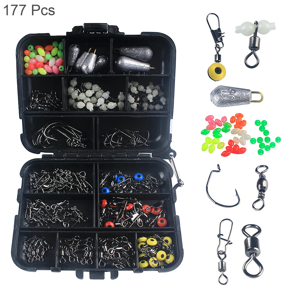 

177pcs Fishing Accessories Set Kit Crank Hook Rolling Swivel Connector Luminous Beads Sinker Weights Sea Rock Fishing Tackle Box