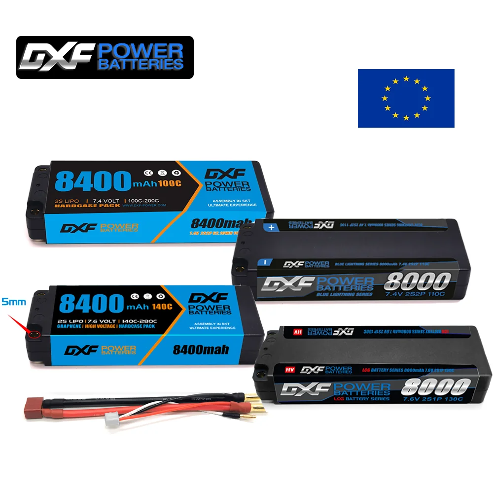 

DXF 2S Lipo Battery 8000mAh 8400mAh 110C 130C 140C 5mm Bullet T/Deans Plug Hardcase for RC Car Buggy Truck UAV Truggy RACING