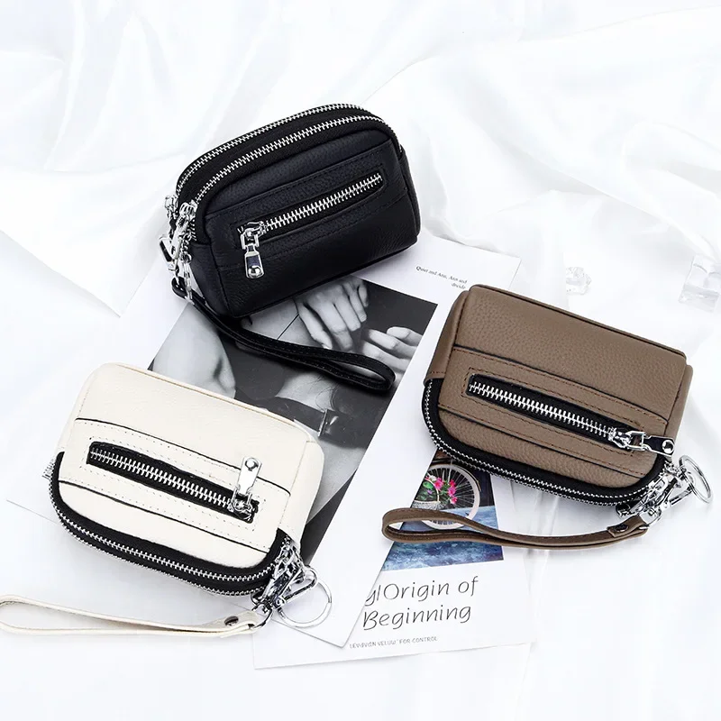 Women's Wristlet Clutch Purse Cow Leather Cell Phone Wallet Handbag with Wrist Strap Large Capacity Double Zipper Coin Purse Bag