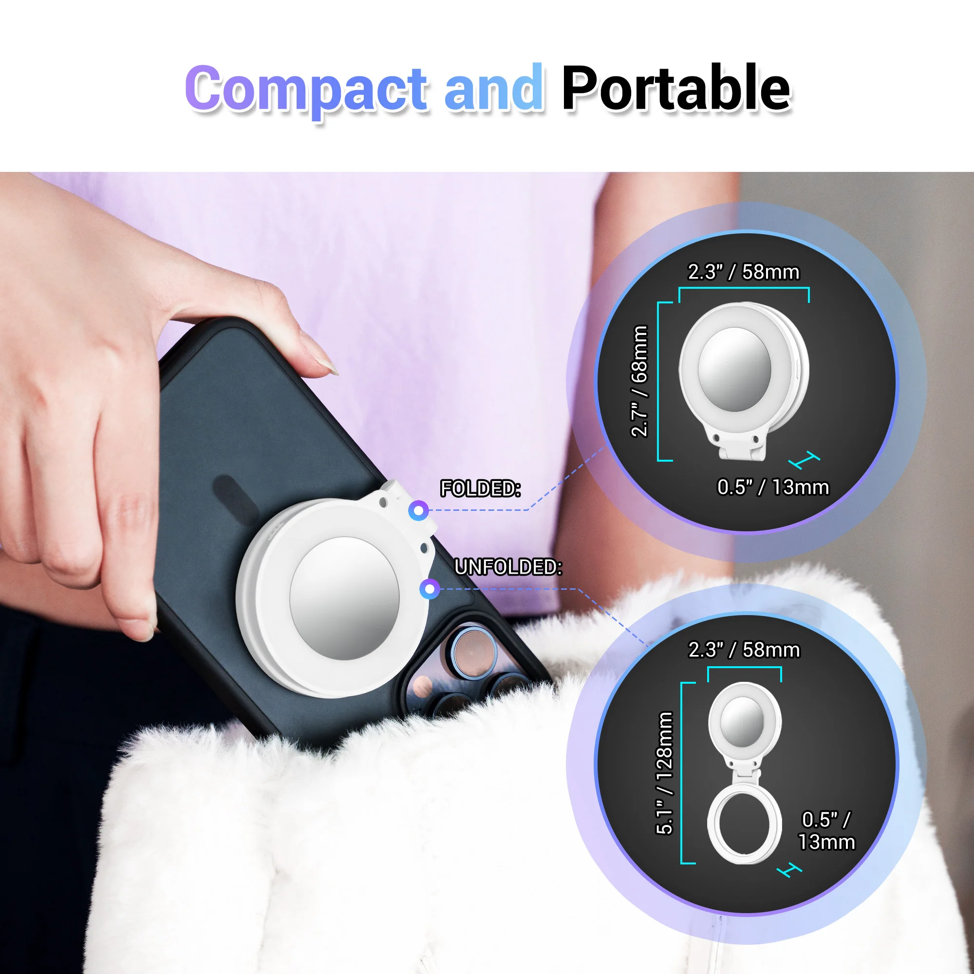thumbnail image 2 of YAyusi Magnetic Selfie Light For IPhone | Retractable Ring Light With Mirror | Dimmable LED For Videos & Streaming 2 of 10