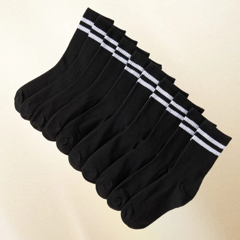 Fashion Women's Socks 10 Pairs High Tube Mid Length Socks Set Women In Solid Black White Parallel Bars Popular Sweat Absorption