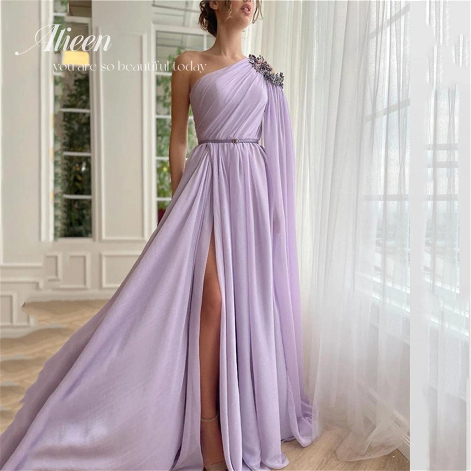 

Aileen Elegant Lavender Chiffon Prom Dresses Beading Crystal One Shoulder High Side Split A-Line Arabic Party Evening Gowns