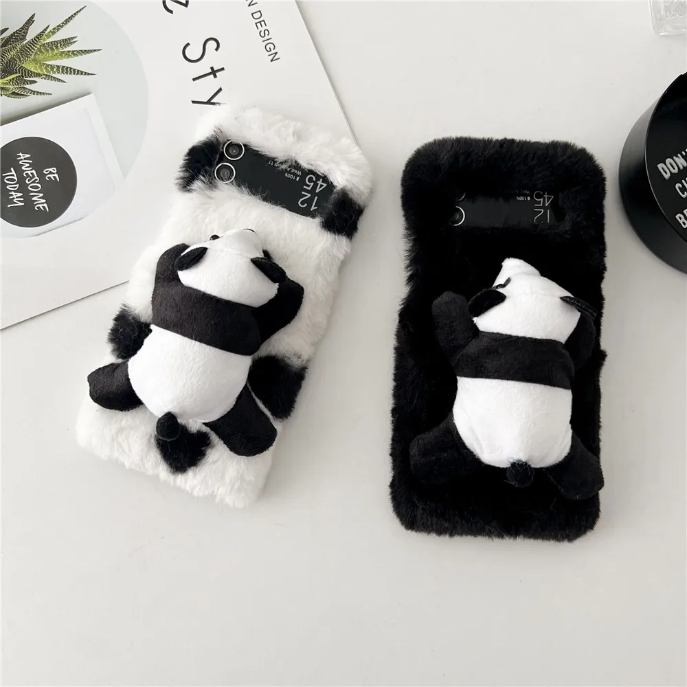 Ins Cut Cartoon Fluffy Plush Panda Custodia Per Telefono Per Samsung Galaxy Z Flip 5 Custodia Per Galaxy Z Flip4 3 Cover Z Flip3