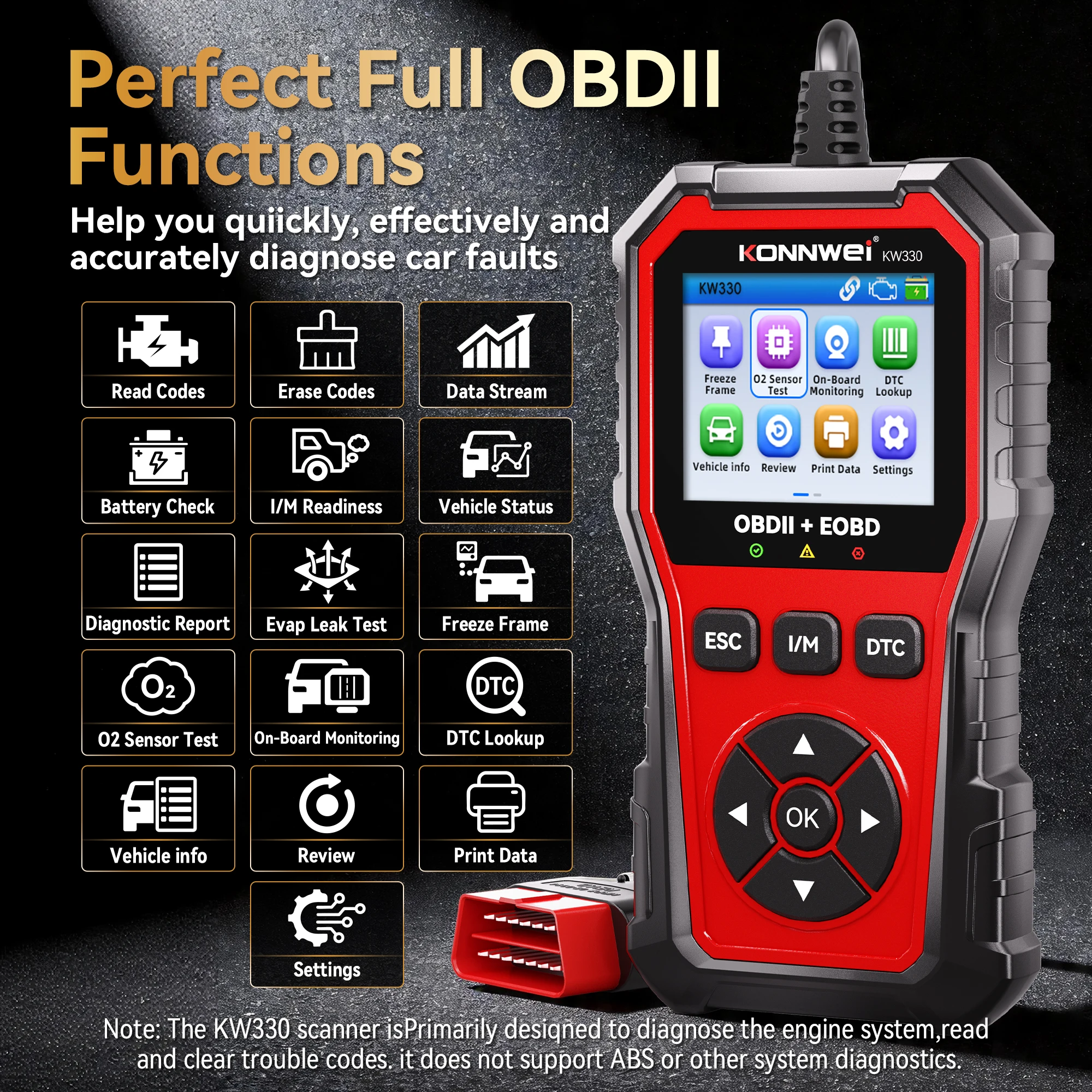 KONNWEI Car OBD2 Diagnostic Tool KW330, Professional Engine Battery Testing Fault Code Erase and Real Time Data Scanner Functions 2026 - Image 2