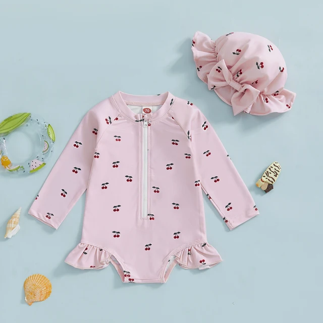 Toddler Baby Girl Rash Guard Swimsuit with Sun Hat 2 Piece Beachwear Children Long Sleeve Bow/Cherry Print Bathing Suit Swimwear 2