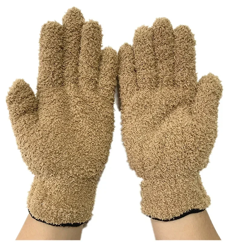 1Pair Cleaning Gloves Microfiber Coral Fleece Car Grooming Gloves Solid Five Finger Dust Removal Housework Absorbent