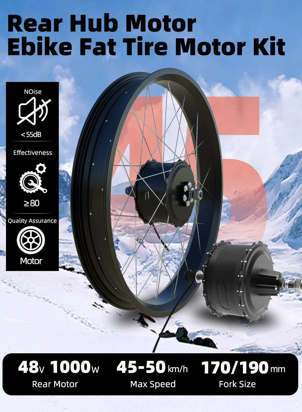 48V 1000W 20 26x4.0 Fat Tire Hub Motor Rear Droupout 170/190mm for