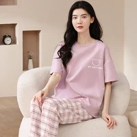 Newest 100% Cotton Women Pajamas Set Summer Short-sleeve Sleepwear Women's Simple Loose Home Wear Large Size 3XL 1