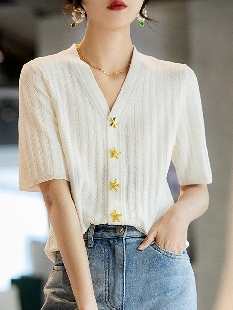

Tshirt Women Black White V Neck Knitted Short Sleeve Summer New Fashion Casual T-shirts Female Top Mujer Tee Shirt Femme Clothes