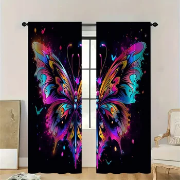 Tende a farfalla da sogno 2 pezzi, stampa di ali blu e rosa vibranti, tende oscuranti per camera da letto o soggiorno, decorazioni per la casa ispirate 1