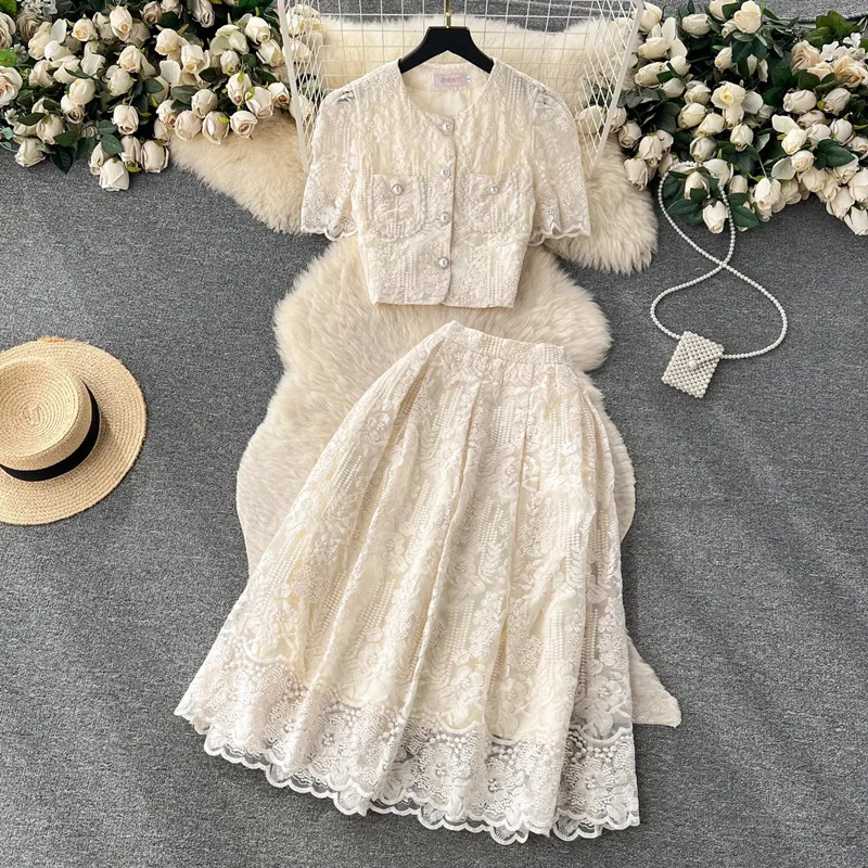 Fashion Lace Skirt Two Piece Suits For Women Lace Embroidery