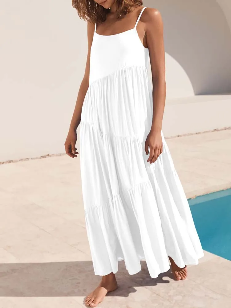 Maxi Summer Dress Sleeveless Solid Color Casual Ladies Loose Long Dresses Women Summer Maxi Beach