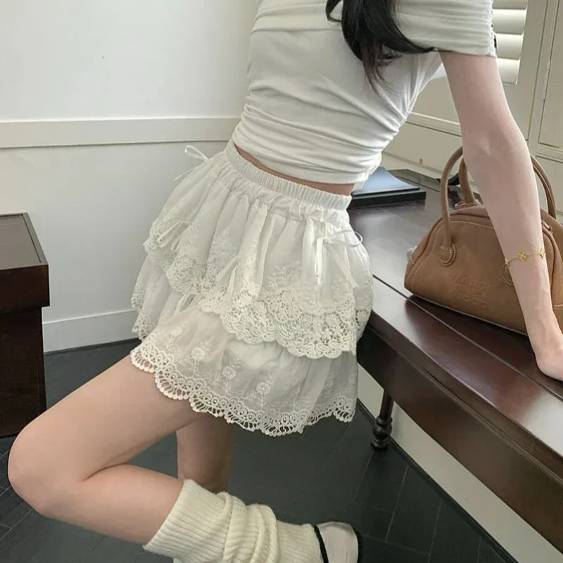 Deeptown Coquette White Lace Short Skirt Ruffle Women Sweet Bow Kawaii Mini Skirts Patchwork Layered A-line Aesthetics Skirt 4