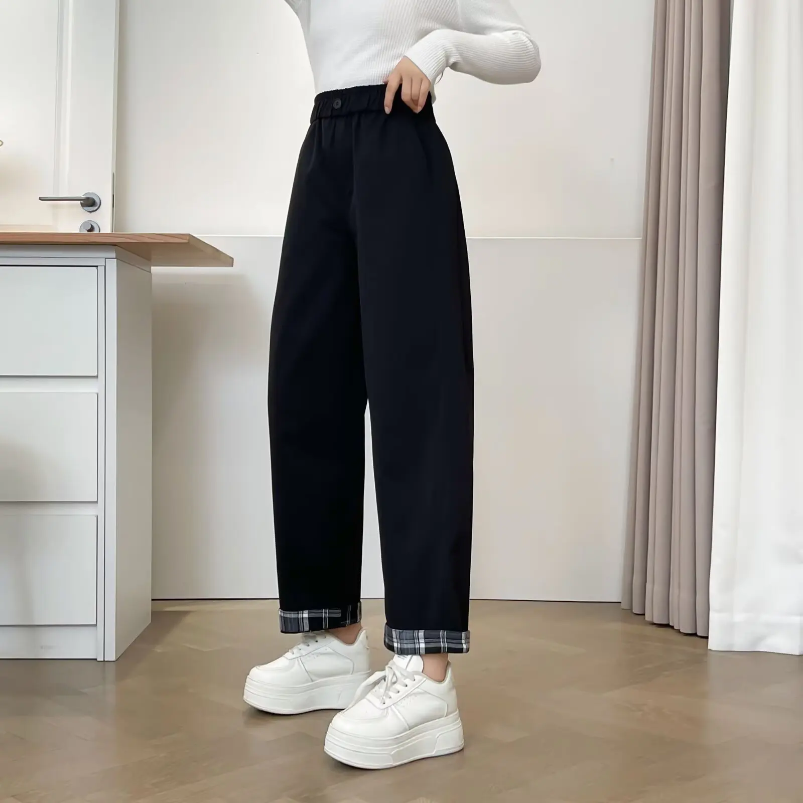 XXXXL Fashion Plus Size Women's Straight Leg Pants New Autumn rolled-up Leg Oepning Plaid Ankle-Length Trousers 2546