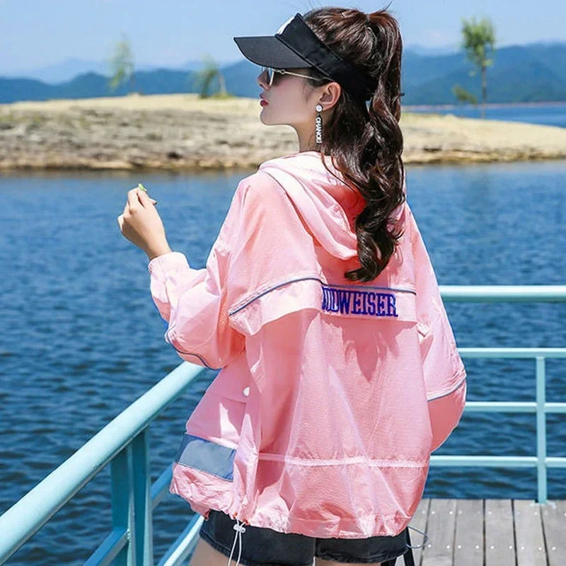 Summer Autumn Women's Hooded Jacket Sun Protection Clothing Sportswear Baseball Uniform Loose Plus Size Long Sleeve Thin Coat