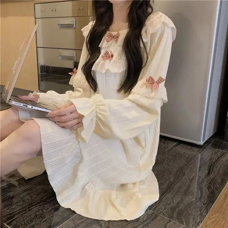 Fashionable nightgown women with bow spring autumn Korean style new loose student cute sweet style long-sleeved long skirt home