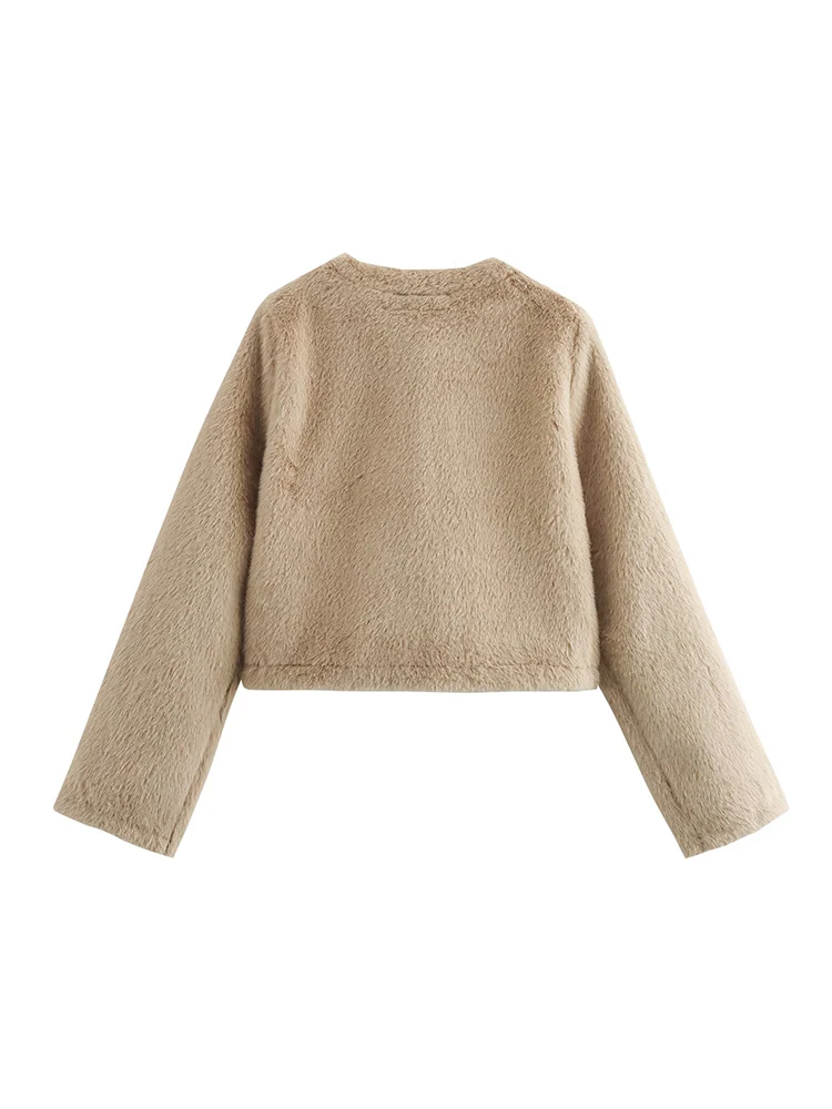 Women Chic Faux Fur Short Jacket Coat Autumn New Long Sleeve Simple Commuting Style O Neck  Fashion Female Button Up Warm Coats